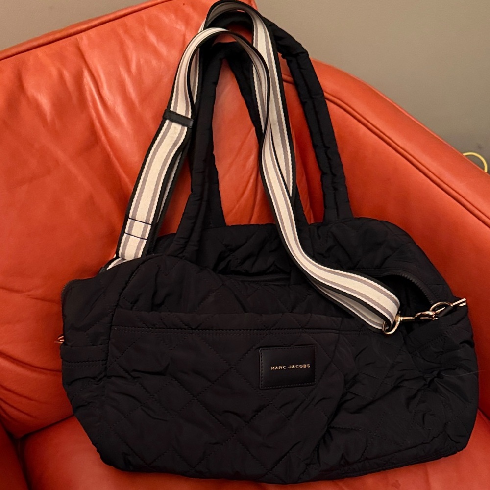 Marc Jacobs Black Quilted Shoulder Bag with Striped Strap